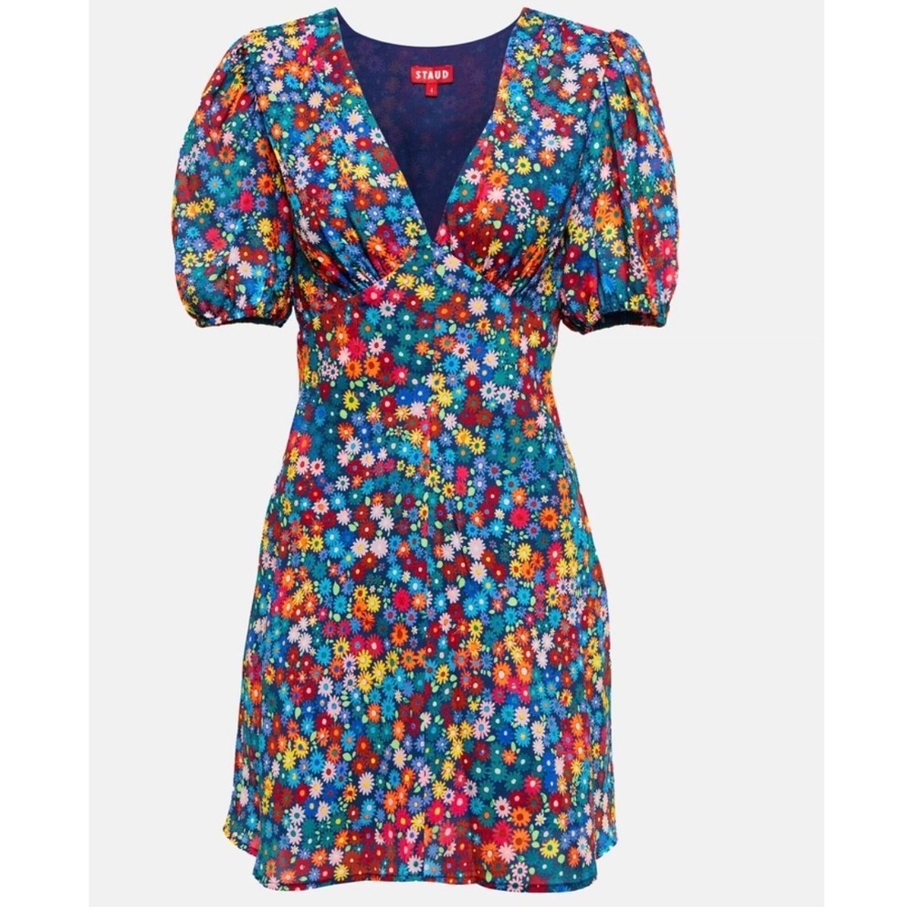 Staud Mini Dress Milla Rainbow Floral Puff Sleeve A Line Fairy Women Size 0